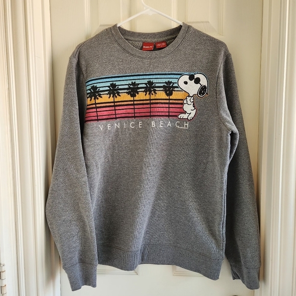 Peanuts Crewneck Heathered Snoopy Venice Beach Palm Tree Striped Sweatshirt M - Picture 1 of 5